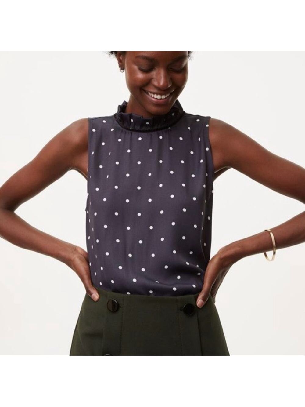 ANN TAYLOR LOFT Tank Blouse Sleeveless Polka Dot Victorian Tie Neck Small NWT